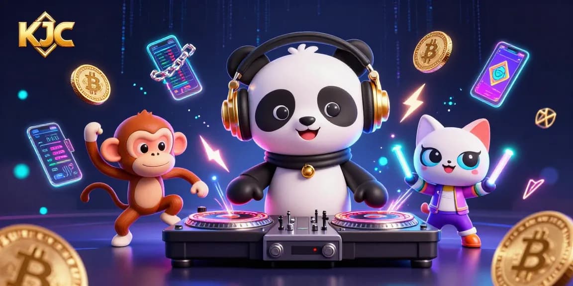 KJC features a DJ panda and friends in a vibrant casino scene with glowing crypto elements and gaming symbols.