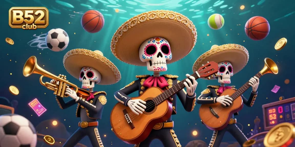 B52club players celebrate with a Dia de los Muertos mariachi band, enjoying vibrant games and casino excitement.
