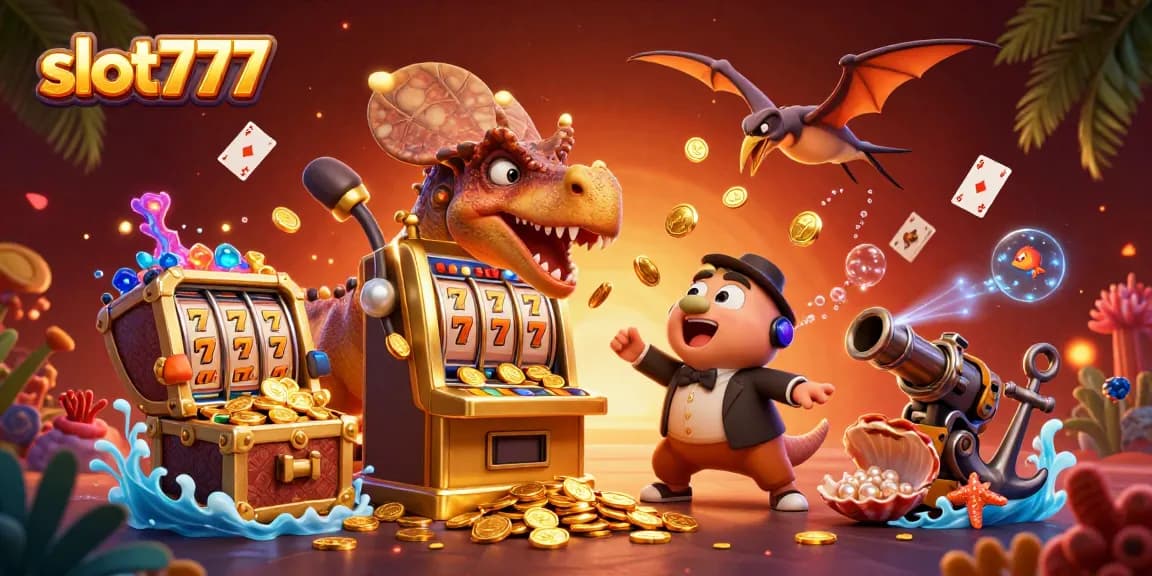 Experience thrilling wins with slot777 as a dinosaur celebrates jackpot payouts amidst flying treasures.