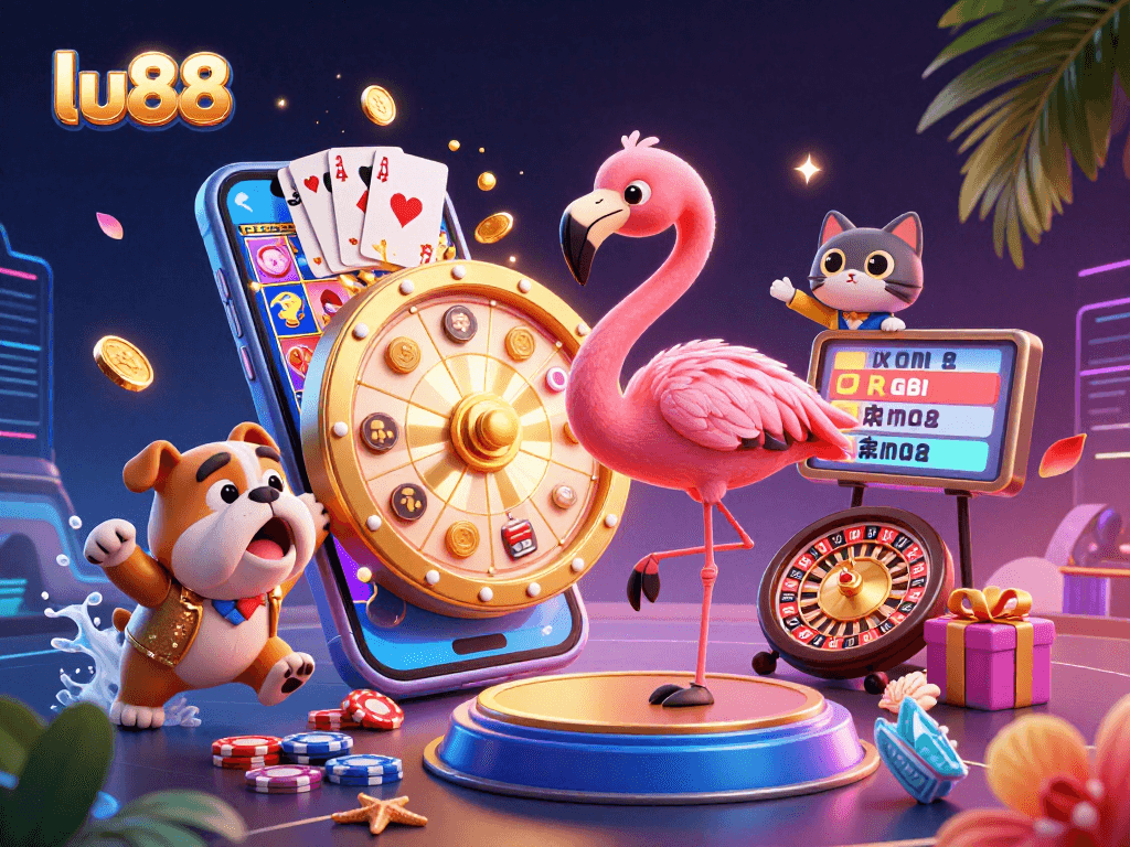 Immerse in the excitement of lu88 with vibrant 3D game elements, showcasing a thrilling prize wheel and dynamic characters.