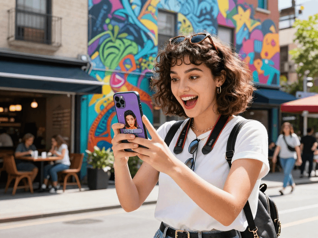 Young woman using a celebrity look alike app in an urban setting.