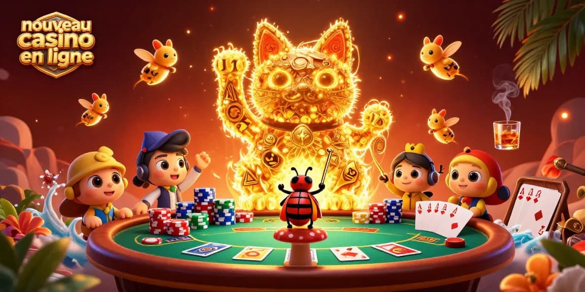 Illustration dynamique présentant un nouveau casino en ligne avec des lucioles dorées, un chat porte-bonheur et des éléments de poker.