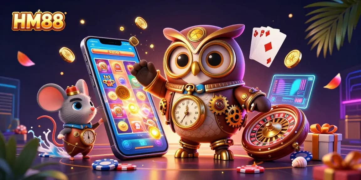 Engage in exciting gaming adventures at HM88 with vibrant casino elements and entertaining characters.