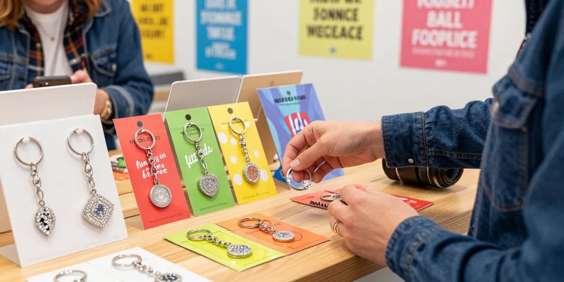 Custom diamond keychain selection displayed in an inviting e-commerce space, showcasing vibrant designs and unique craftsmanship.