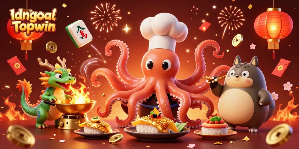 Experience exciting gaming with Idngoal Topwin as a lively sushi chef octopus, a fire-breathing dragon, and a playful tanuki.