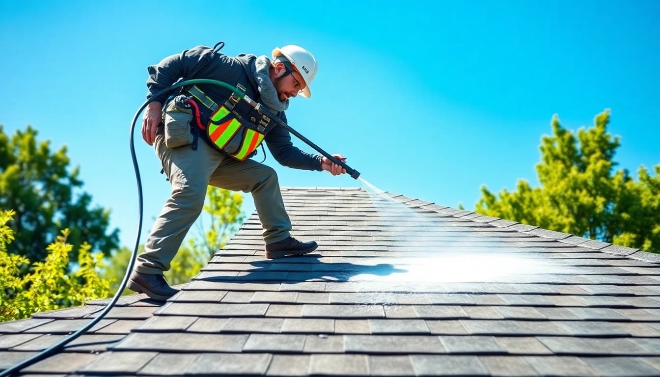Roof Cleaning technician performing soft wash on a residential roof highlighting its cleanliness.