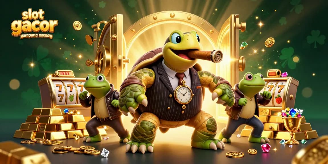 Spin and win with slot gacor gampang menang, featuring a vibrant 3D turtle mobster and sparkling casino elements.