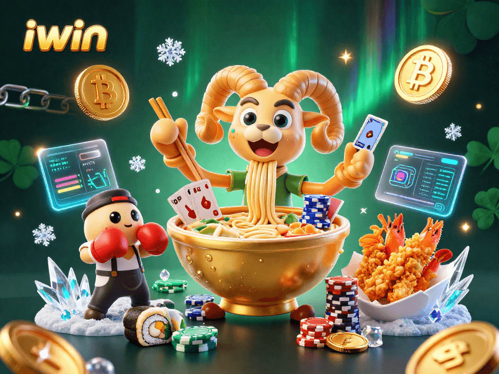 iwin themed illustration featuring a giant ramen bowl and crypto elements in a casino setting