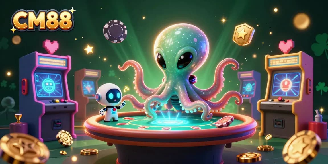 Engage with CM88 at the immersive casino scene featuring a colorful alien octopus and exciting poker dynamics.