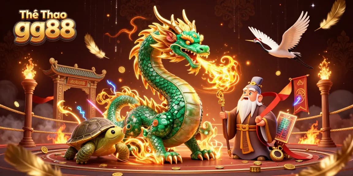 Thể Thao gg88 showcases a dynamic scene of sports betting, featuring a dragon, turtle sage, and cranes.