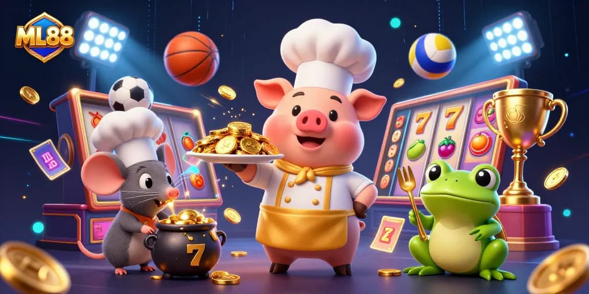 ML88 casino illustration with a chef pig, sous-chef mouse, and critic frog among slot game elements.