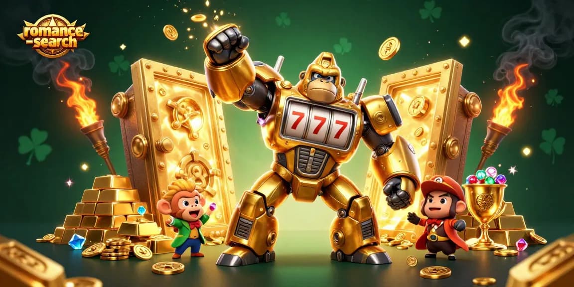 Spin and win big with romance-search featuring a golden gorilla mech and treasures bursting from a vault.