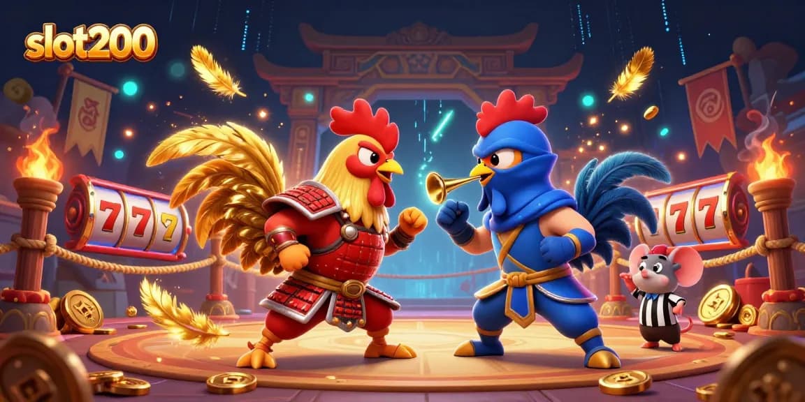 Engage in exhilarating action with slot200 in this vibrant scene featuring duel roosters and golden gaming symbols.
