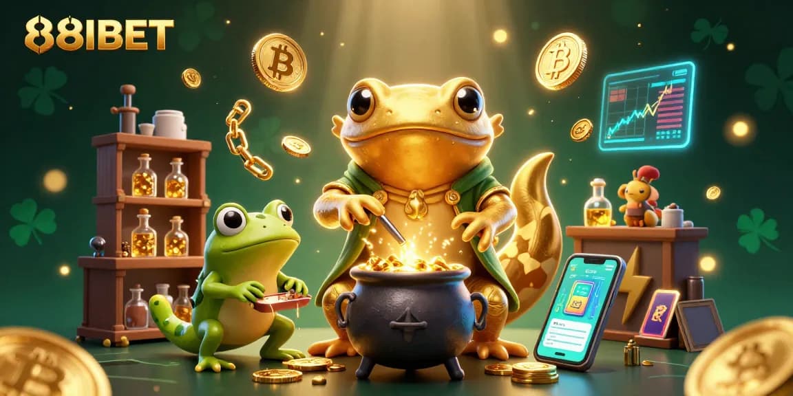 Experience thrilling games at 88IBET with a creative 3D casino illustration showcasing golden alchemy and crypto.