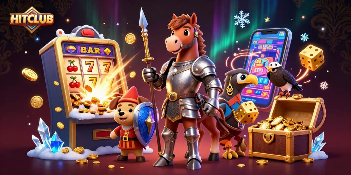 Experience HITCLUB's thrilling gaming atmosphere with 3D characters amidst vibrant casino elements.