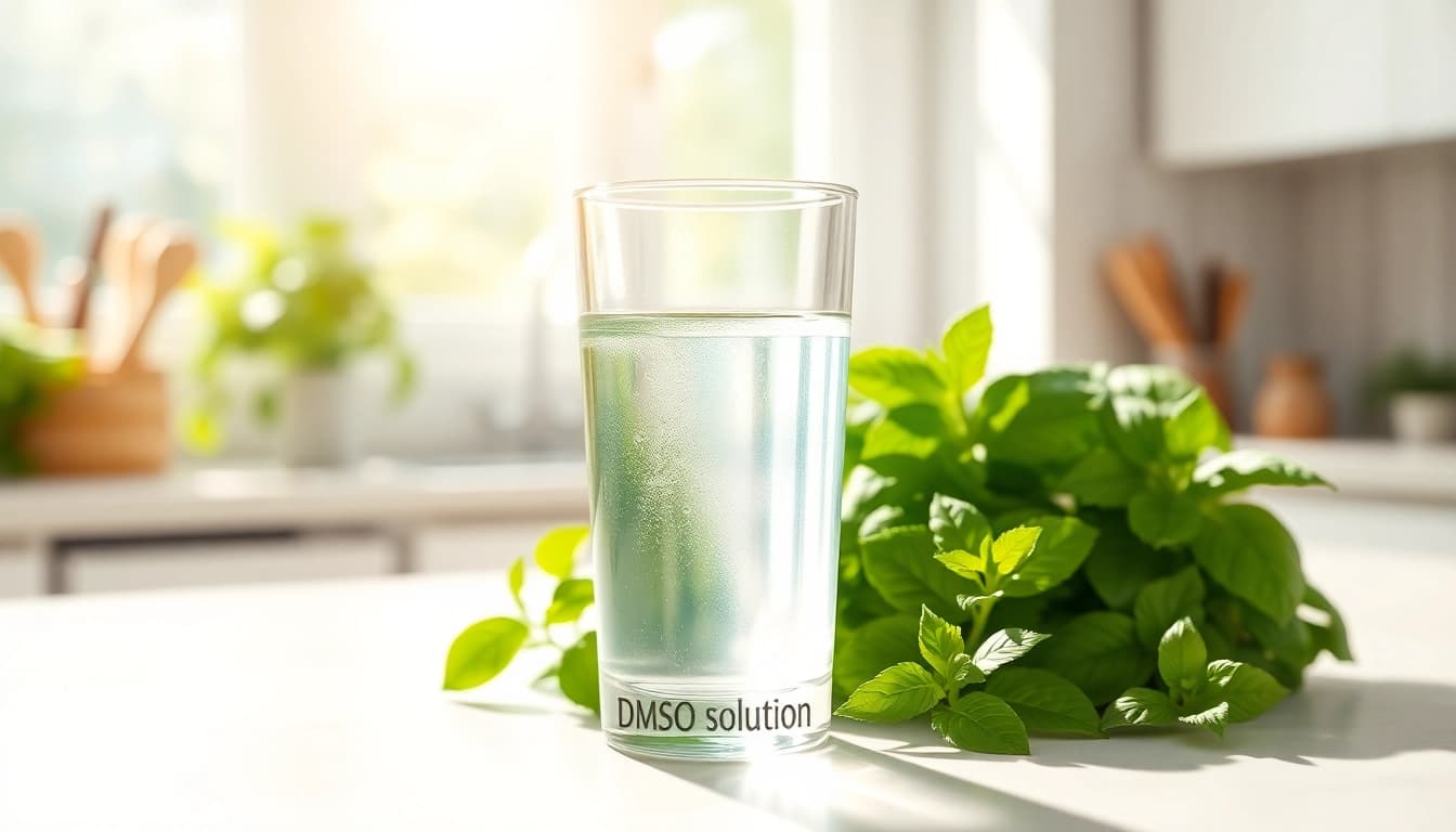 Discover the health benefits of drinking dmso with a refreshing glass of solution surrounded by herbs.