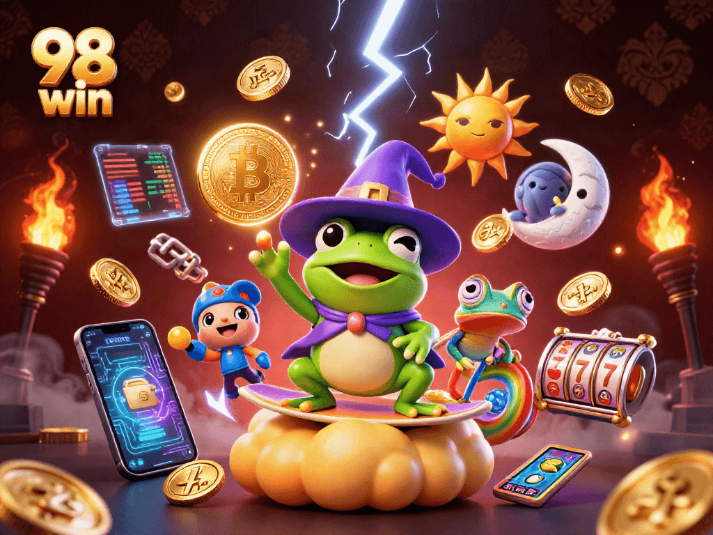 Play games and win big with 98 win, featuring vibrant casino elements like slots and crypto coins.