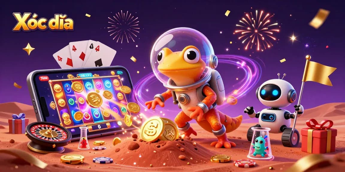 Xóc đĩa online game scene with a Martian gecko and robot exploring a golden casino.