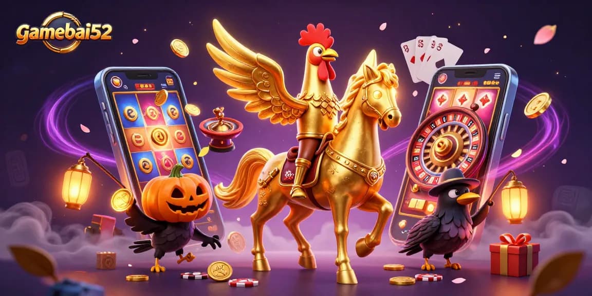 Experience the excitement of gamebai52 with a golden rooster and casino elements in a vibrant scene.