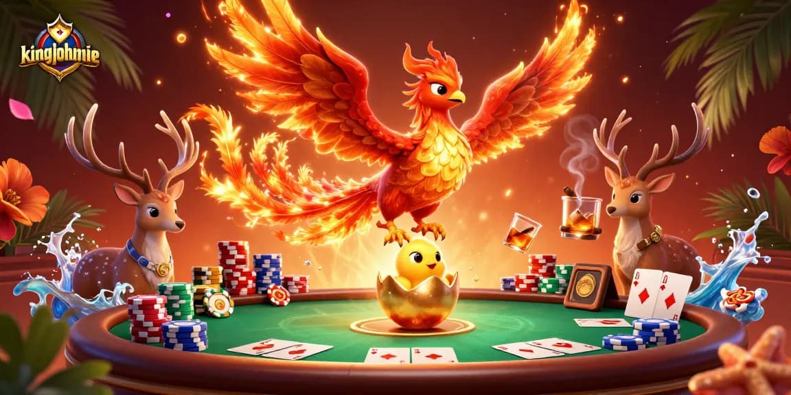 Experience thrilling poker moments with kingjohnnie's vibrant casino illustration depicting a fire phoenix, poker elements, and rich details.