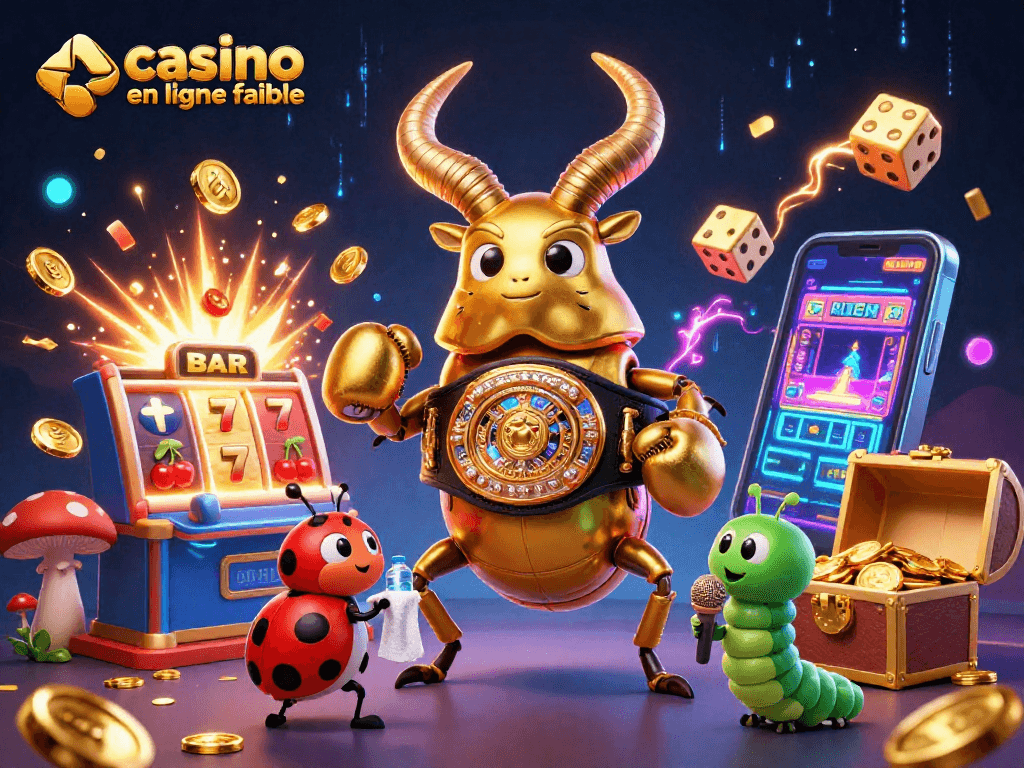 Illustration vibrante représentant un combat entre un scarabée doré et des éléments de casino, mettant en avant "casino en ligne fiable".