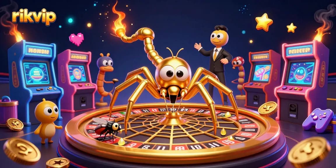 rikvip players eagerly bet at a roulette wheel web spun by a golden spider in this vibrant 3D illustration.
