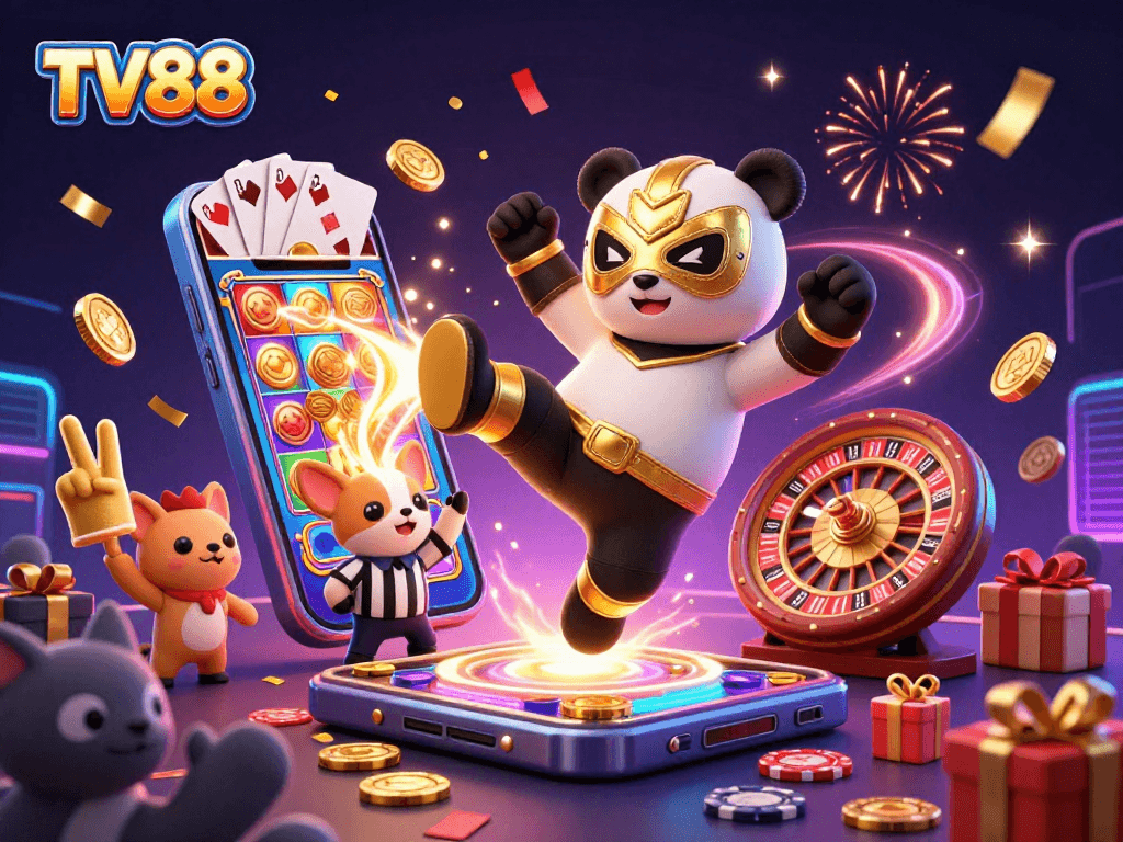 Experience the excitement of TV88 with a panda wrestler, vibrant gaming elements, and a lively audience.