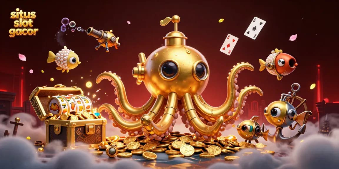 Visualisasi situs slot gacor dengan karakter kraken dan elemen permainan menarik.