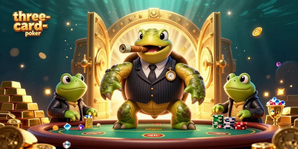 Join the action in three-card-poker with our lively scene featuring cartoon characters and poker elements.