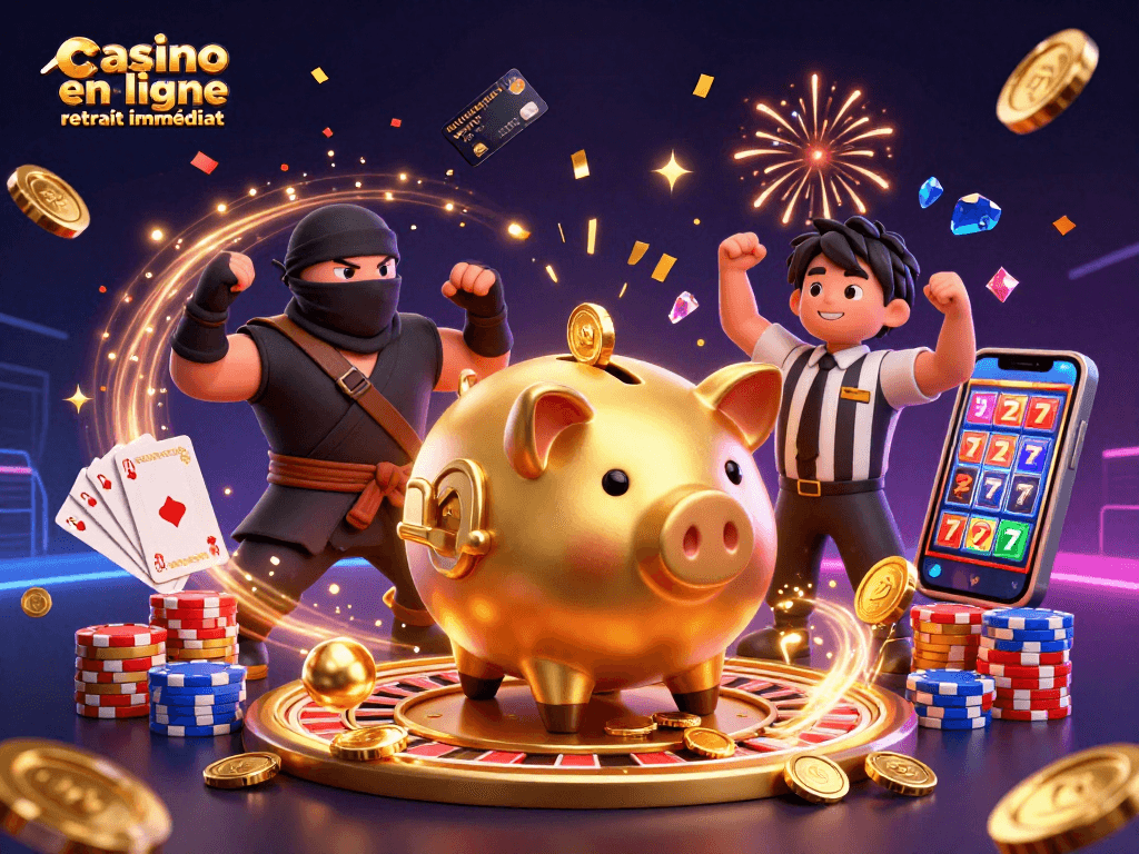 Casino en ligne retrait immédiat : illustrations dynamiques de gains rapides et ambiance festive de casino.