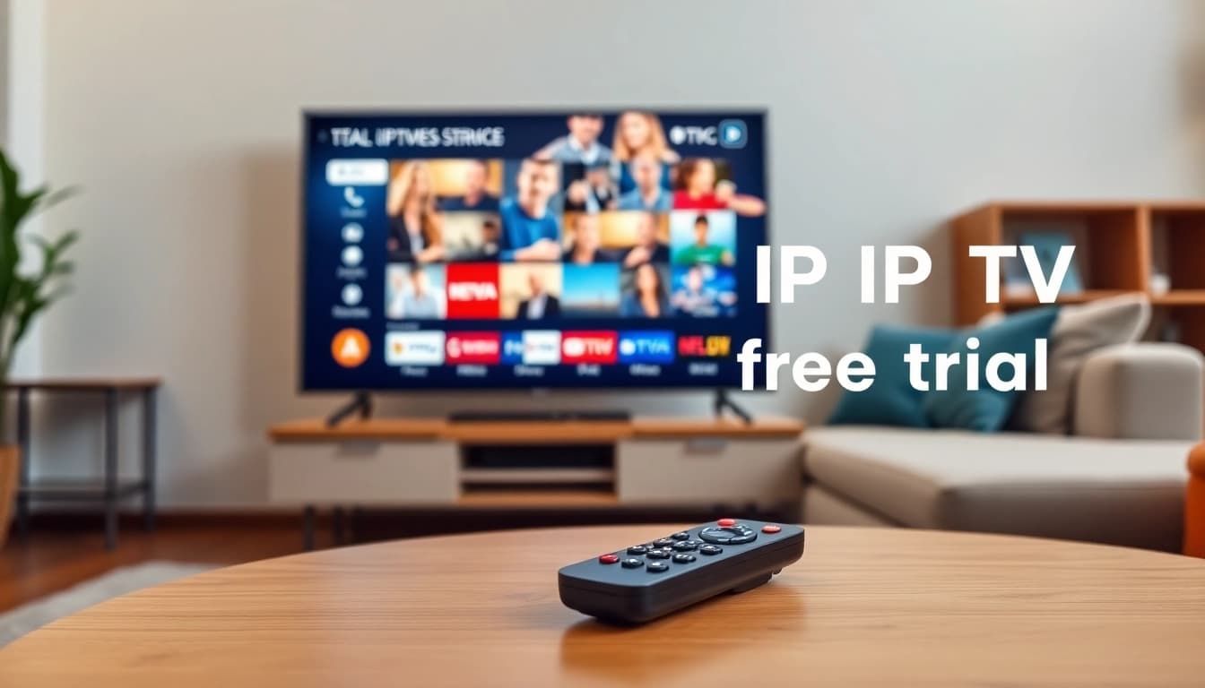 Explore IPTV free trial options with modern streaming setup and inviting living room ambiance.