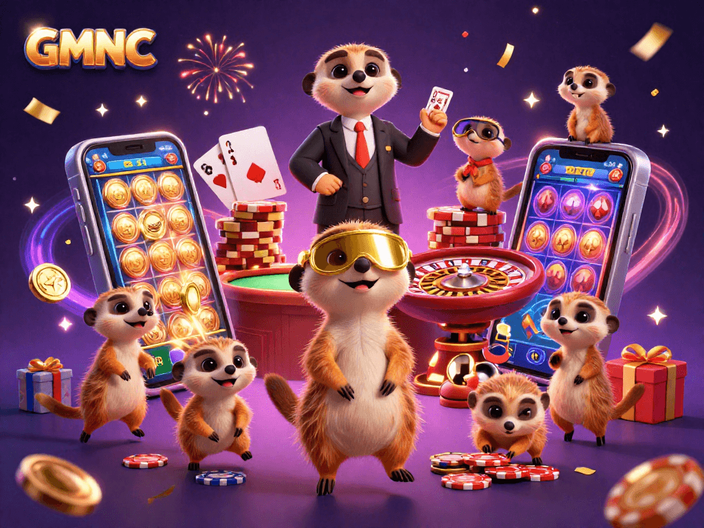 Experience excitement at GMNC casino with meerkats in a vibrant slot-playing scene.