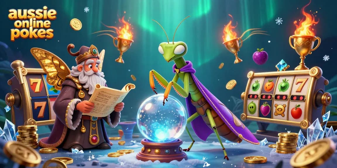 Discover aussie online pokies with exciting slot reels and a mystical atmosphere in this vibrant illustration.
