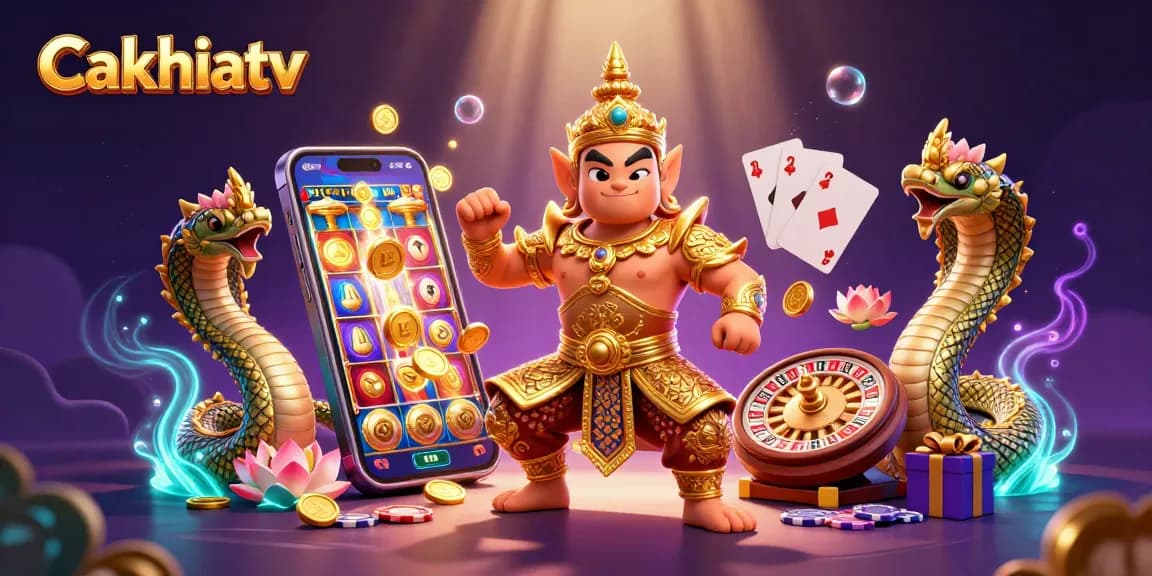 Cakhiatv showcases a lively, colorful scene of Thai deities and gaming elements illustrating thrilling online tournament experiences.
