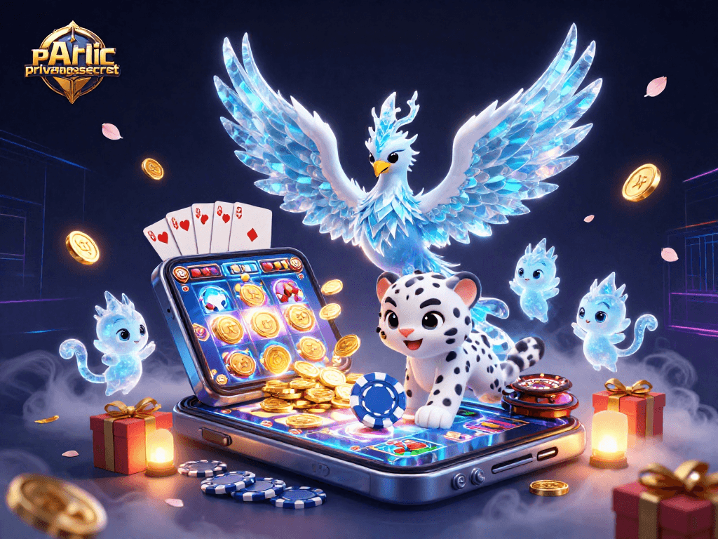 Engage with publicprivatesecret for immersive gaming with an ice phoenix in a vibrant casino scene.
