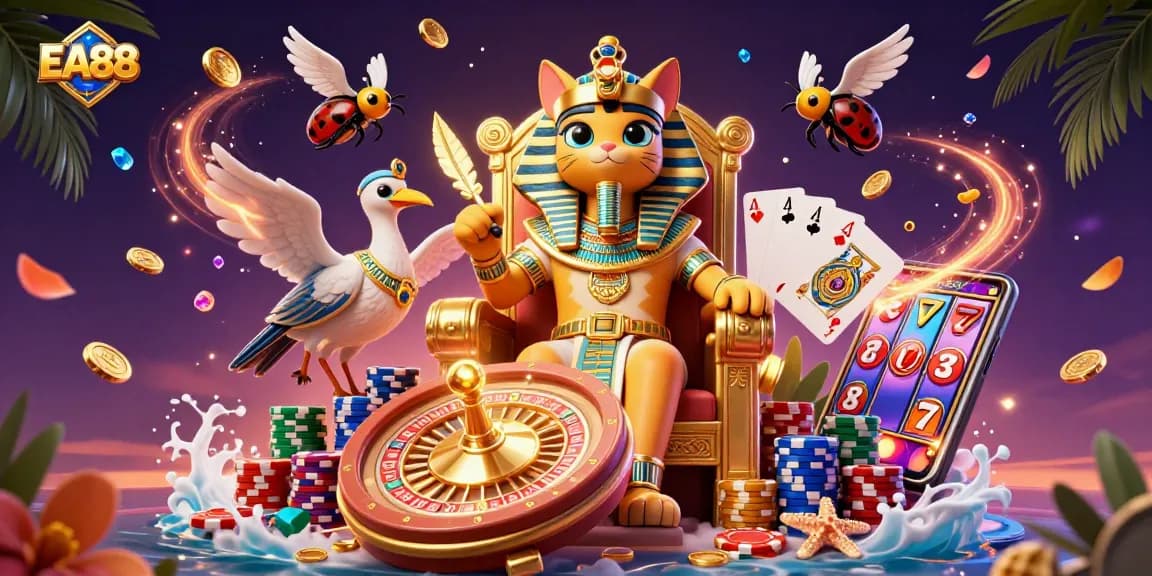 Engage in thrilling wins at EA88 with vibrant casino elements, featuring dynamic characters and golden treasures.