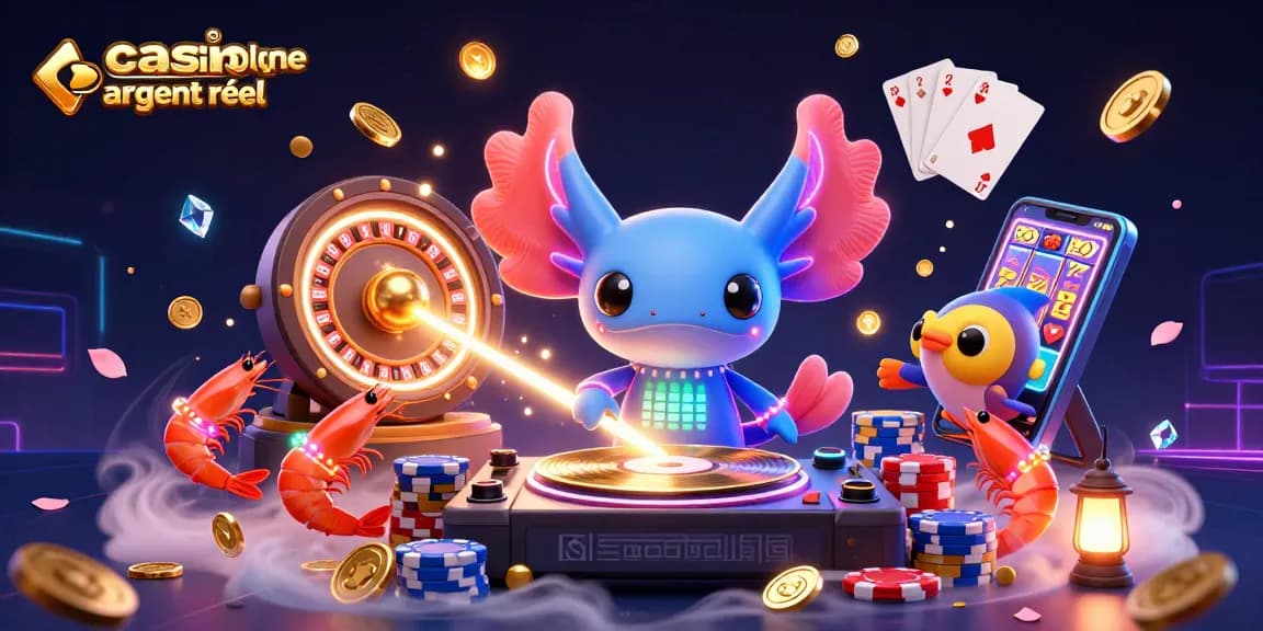 Illustre un casino en ligne argent réel avec un DJ axolotl vibrant et des jeux de casino dynamiques.