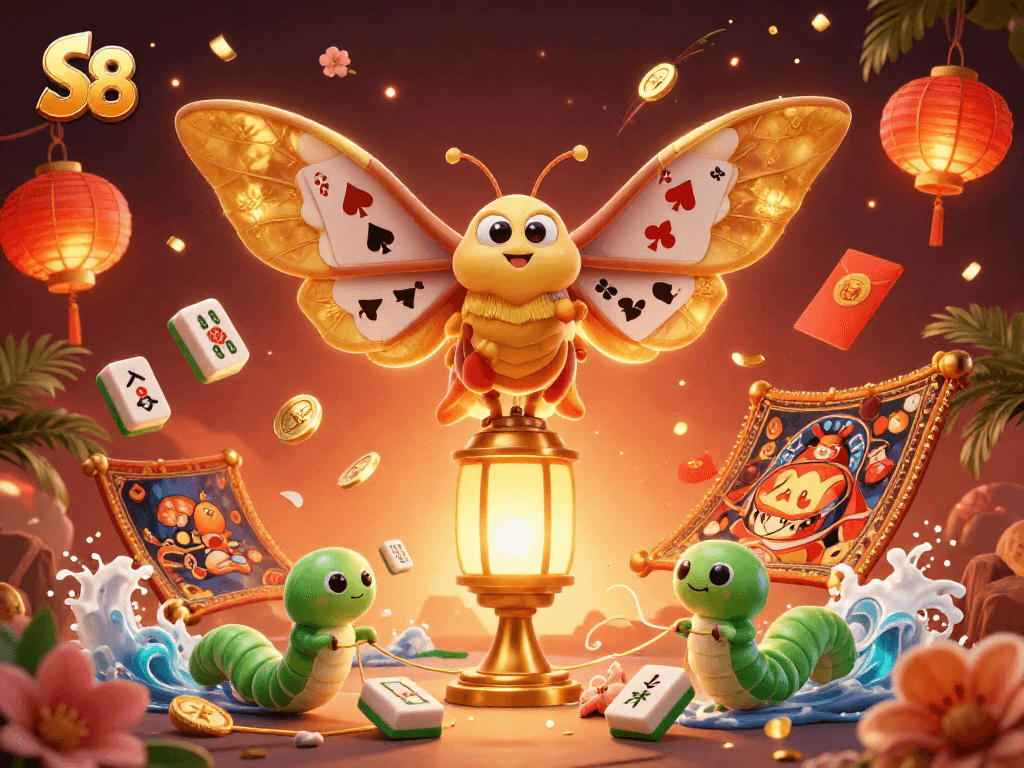 S8 engages players with a vibrant casino scene featuring golden wings, lucky symbols, and dynamic gaming elements.