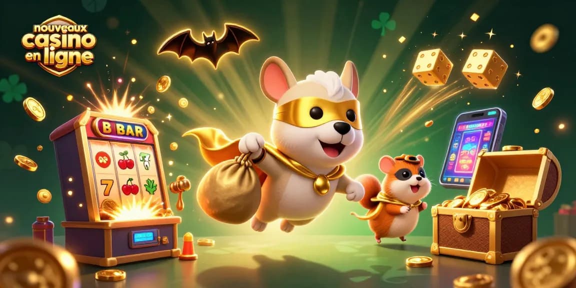 Le héros des nouveaux casinos en ligne distribue des pièces d'or avec un hamster, entourés de machines à sous éclatantes.