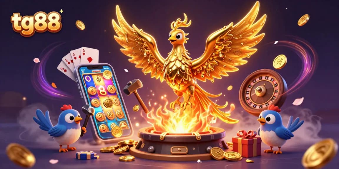 Experience the thrilling games of tg88 with a vibrant scene showcasing a molten phoenix and casino elements.