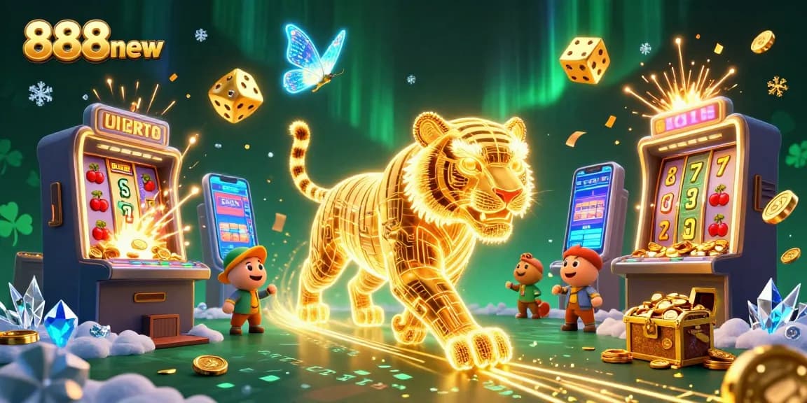 Experience the excitement of 888new with a vibrant 3D casino scene featuring golden tigers and jackpots.