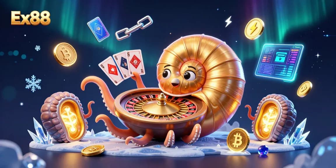 Ex88 features a giant nautilus roulette wheel, glowing Bitcoin coins, and vibrant casino elements.