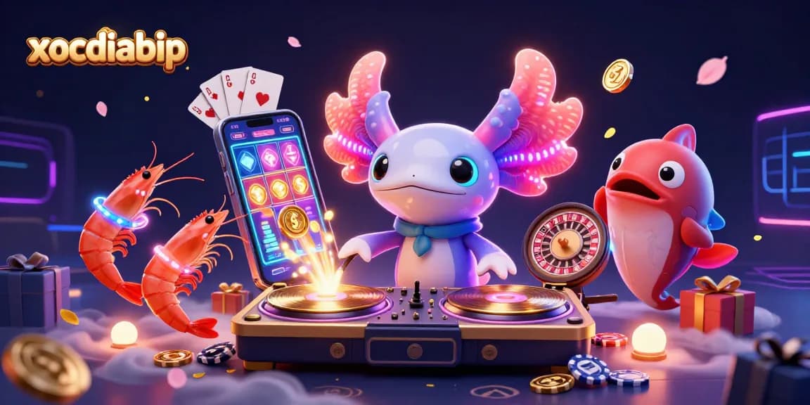 xocdiabip showcases a vibrant 3D illustration of a casino scene with a DJ axolotl and engaging characters.