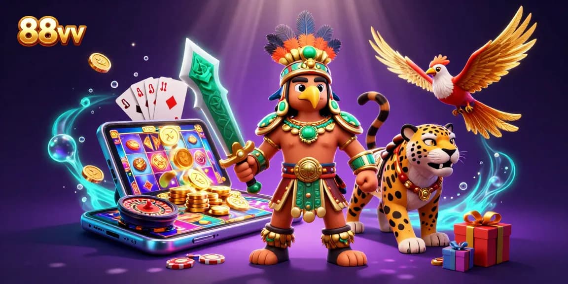 Engage in thrilling wins with 88vv's vibrant casino games illustrated through dynamic 3D characters.