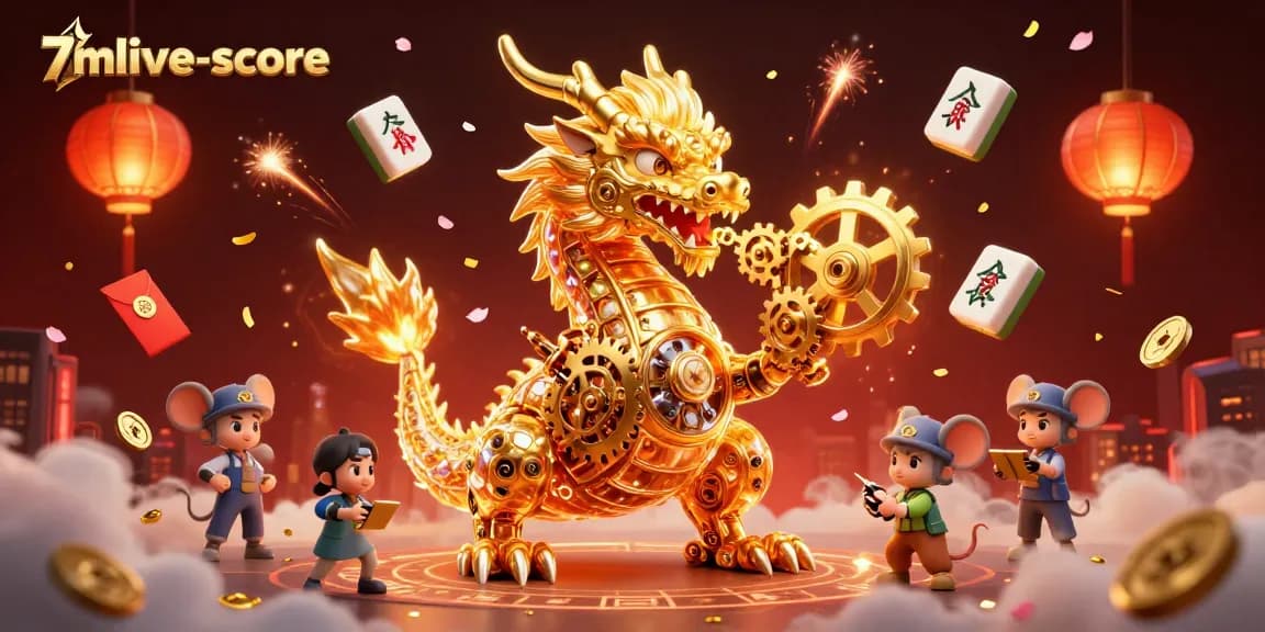 Experience the excitement of 7mlive-score with our golden dragon and mahjong elements in a vibrant casino scene.