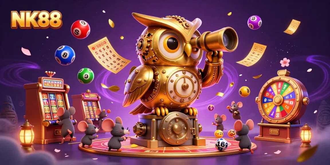 NK88 players enjoying a vibrant casino scene with a golden owl and exciting game elements.