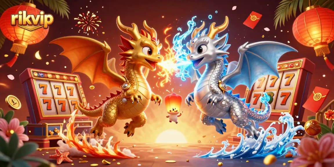 Experience multiple slot games with rikvip, featuring dynamic dragons and casino elements.