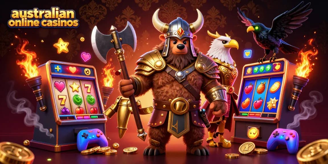 Experience vibrant gameplay at australian online casinos with a Viking berserker and gaming elements.