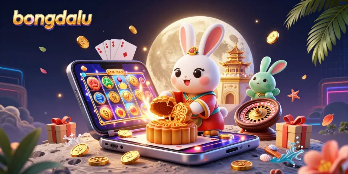 bongdalu showcases a vibrant scene of the moon rabbit pounding mooncakes with poker chips, surrounded by gaming elements.
