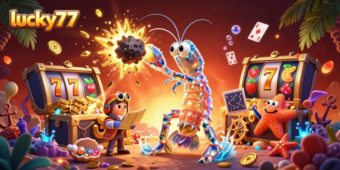 Spin the reels at lucky77, featuring vibrant illustrations of a galactic shrimp and treasure chests bursting with gems.